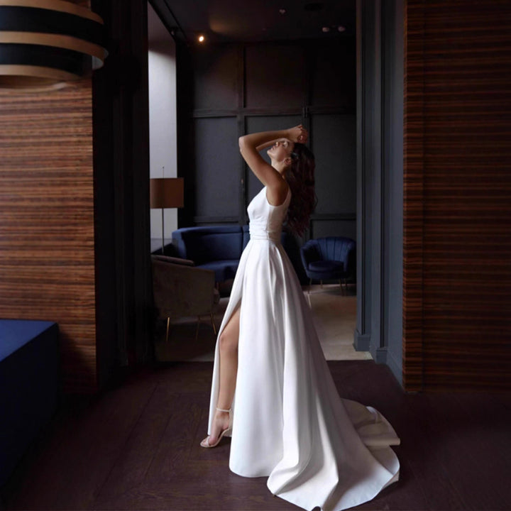 Damen elegantes Hochzeitskleid mit tiefem V-Ausschnitt und seitlichem Schlitz Drune