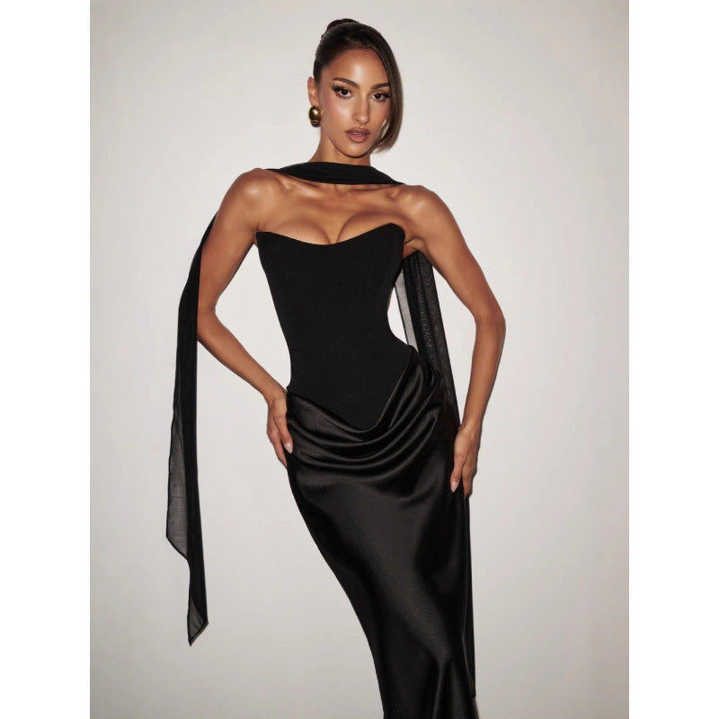 Damen Elegantes Cocktailkleid mit Herzausschnitt und fließendem Rockteil Drune