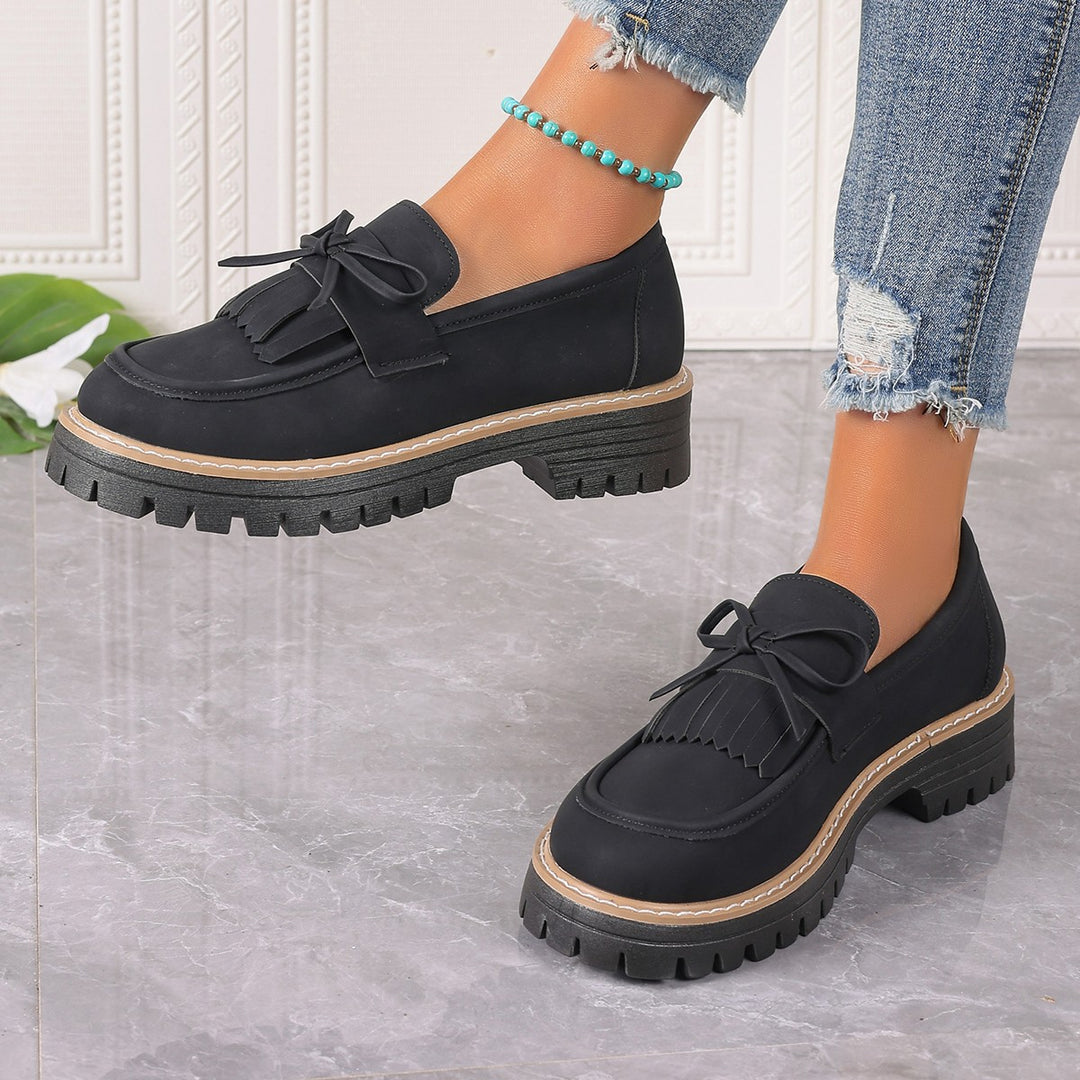 Damen modische Fransen-Loafer mit dekorativer Schleife und grober Profilsohle Drune