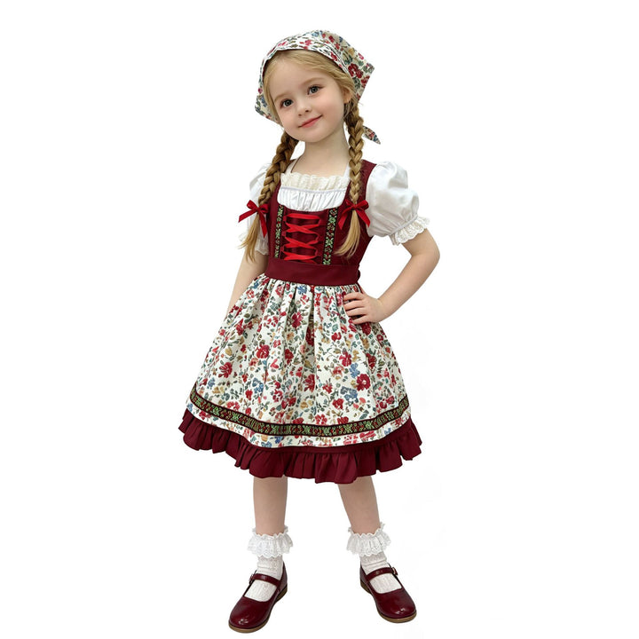 Damen nan traditionelles Kinderdirndl-Set mit bestickter Schürze, Rüschenbluse und Halstuch Drune