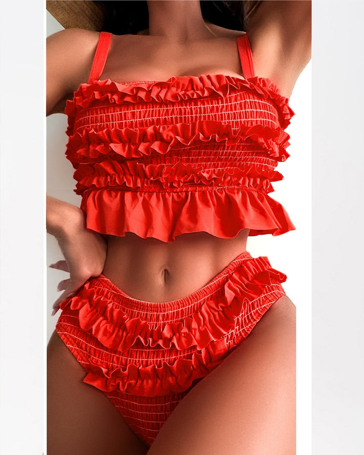 Damen Rüschen-Bikinislip mit hohem Bund und elastischem Material Drune