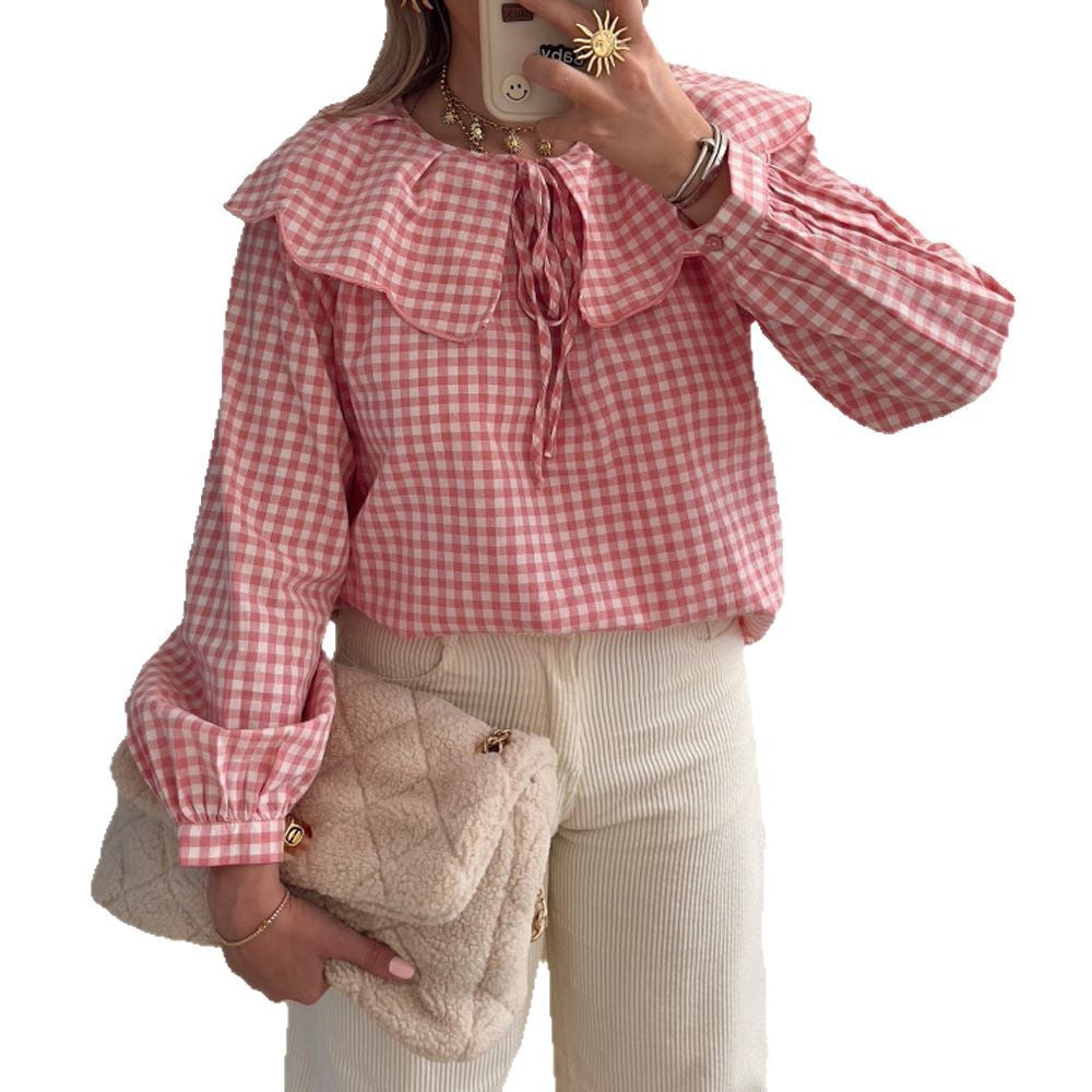 Damen Bluse mit Rüschensaum und Karomuster Drune