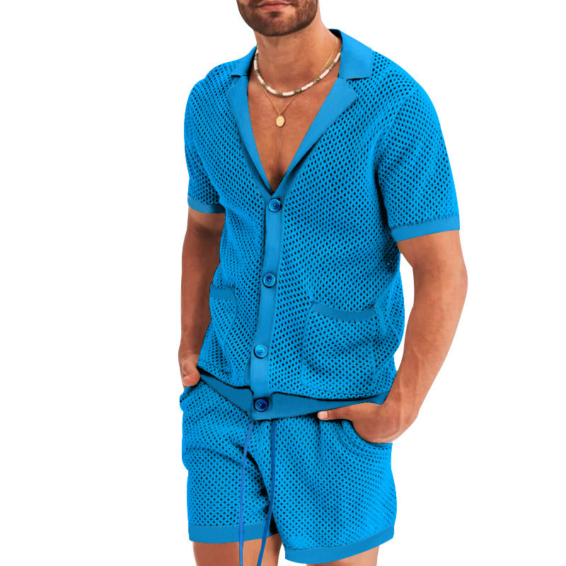 Herren nan offener Netzstrick-Cardigan mit passenden Kordelzug-Shorts Drune
