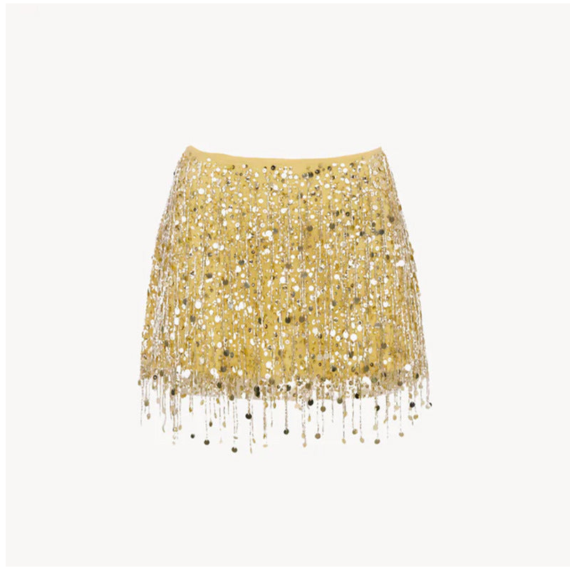 Damen Glitzerndes Crop-Top und Minirock-Set mit Fransen Drune