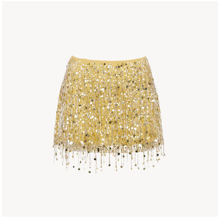 Damen Glitzerndes Crop-Top und Minirock-Set mit Fransen Drune