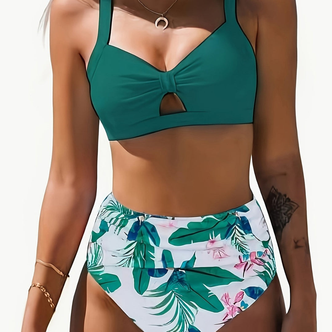 Damen Bikini-Set mit floralem Hochbund und modischem Knoten Drune