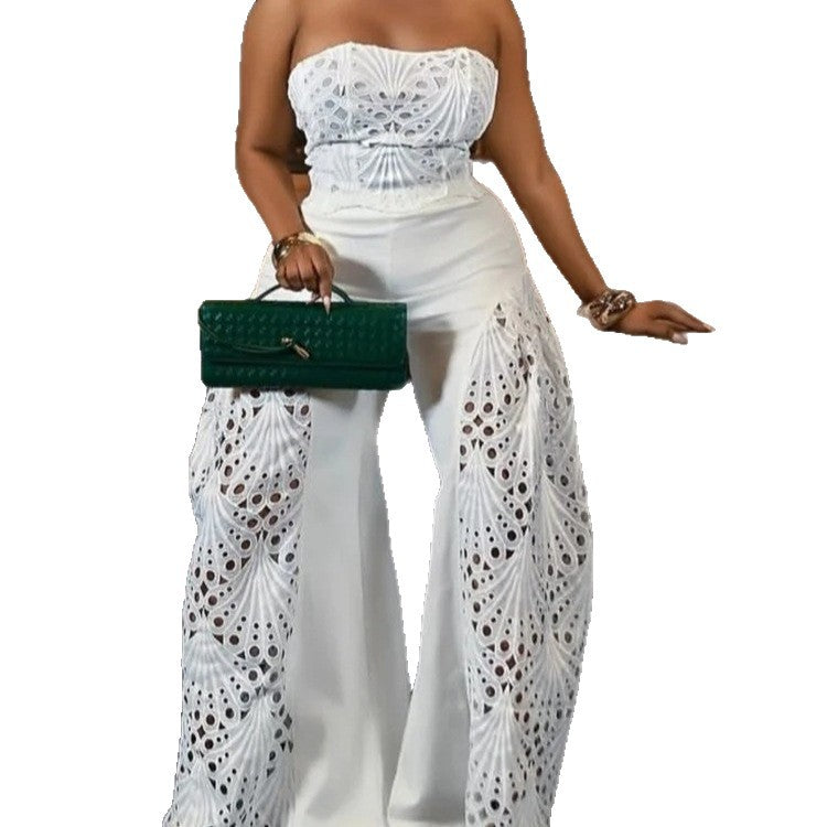 Damen Elegantes Jumpsuit mit floralen Lochdetails Drune