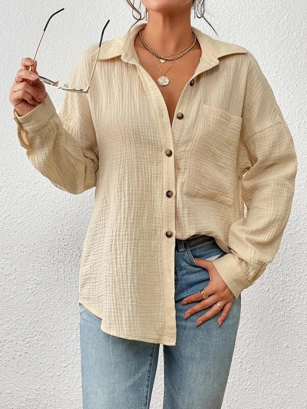 Damen Lässiges Overshirt mit Knopfleiste und Brusttasche Drune