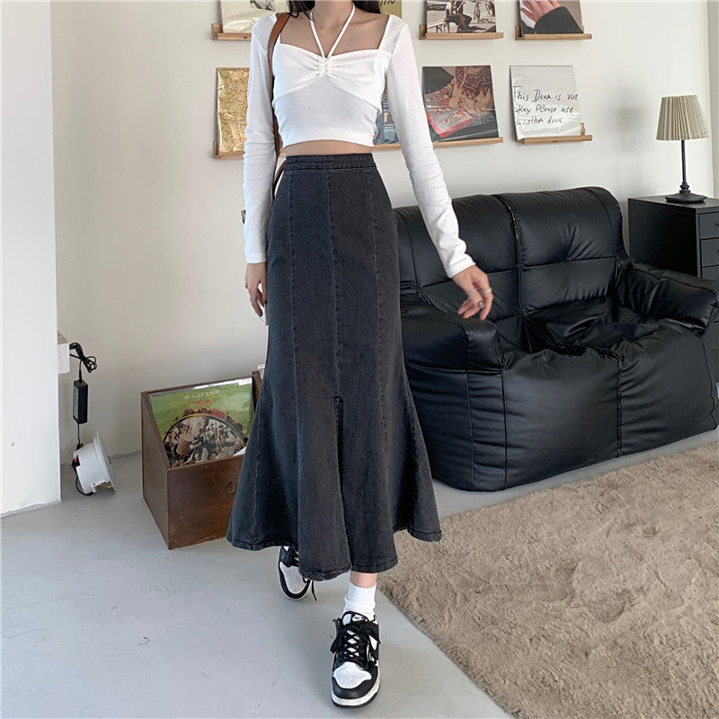 Damen Flared Denim-Rock mit hohem Schlitz Drune
