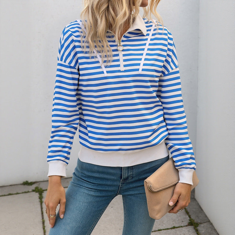 Damen gestreiftes Sweatshirt mit innovativer Kapuze und sportlichem Kragen Drune