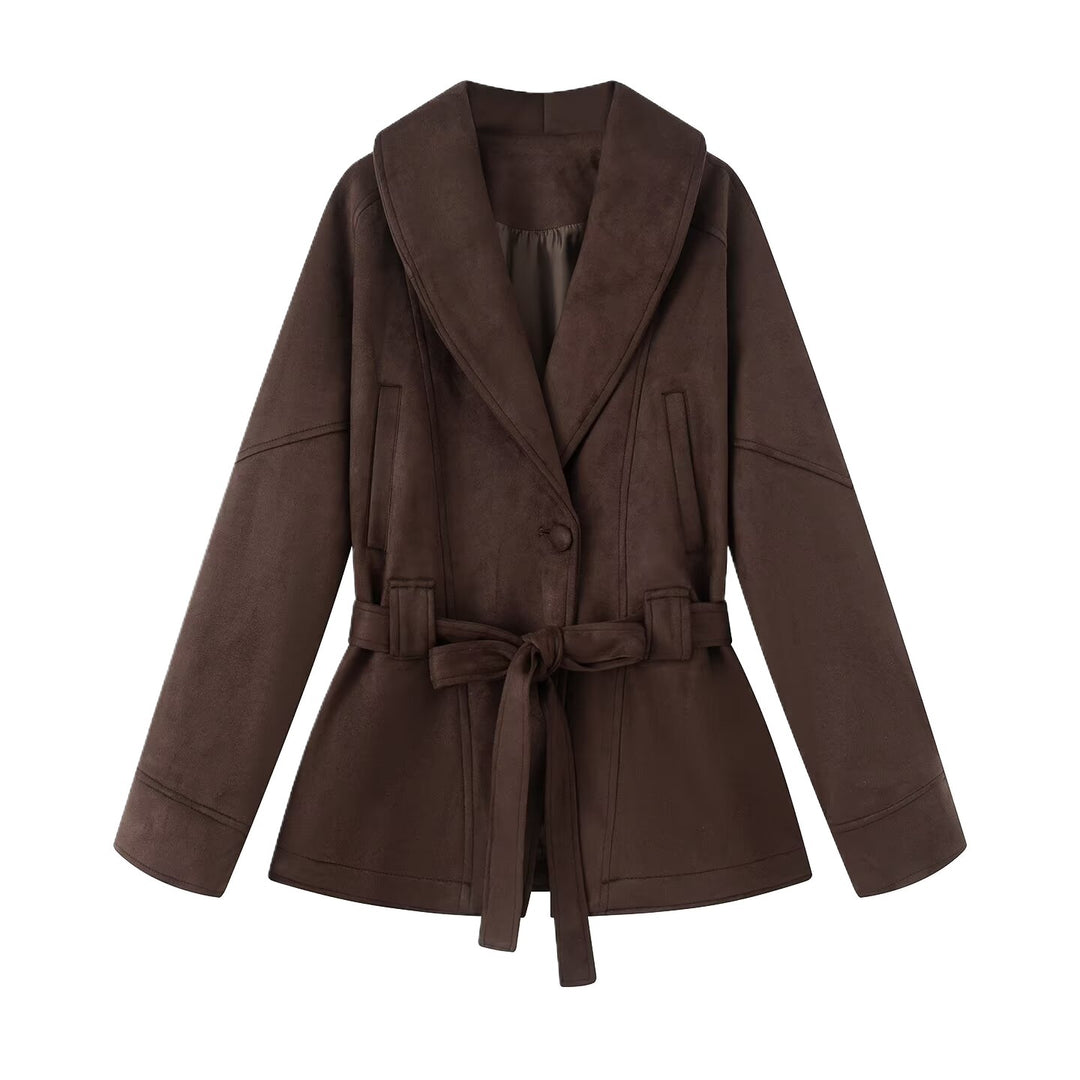 Damen elegante Suede-Jacke mit Taillengürtel und großem Revers Drune