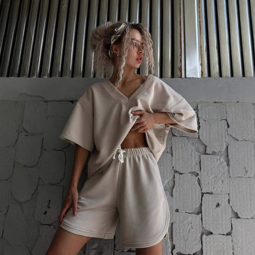 Damen lässiges V-Ausschnitt Oberteil und Shorts-Set Drune