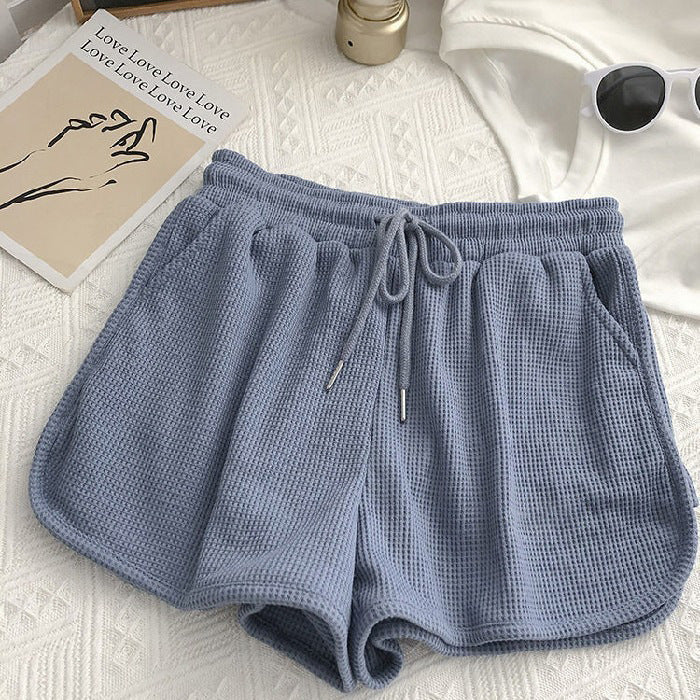 Damen lässige Waffelstruktur-Shorts mit verstellbarem Kordelzug und elastischem Bund