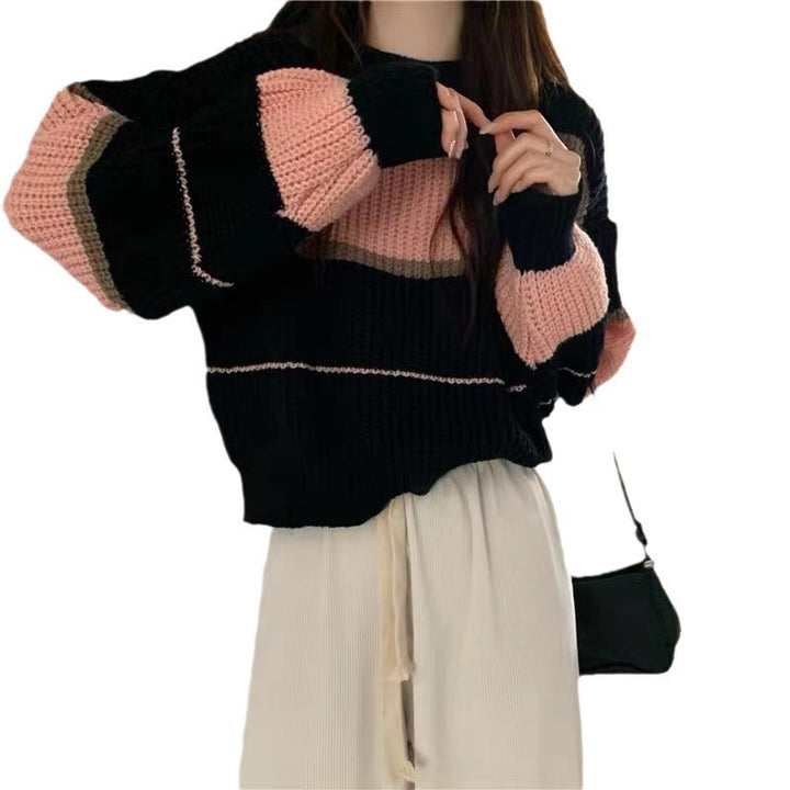Damen Grober gestrickter Pullover mit bunten Streifen und lockerer Passform Drune