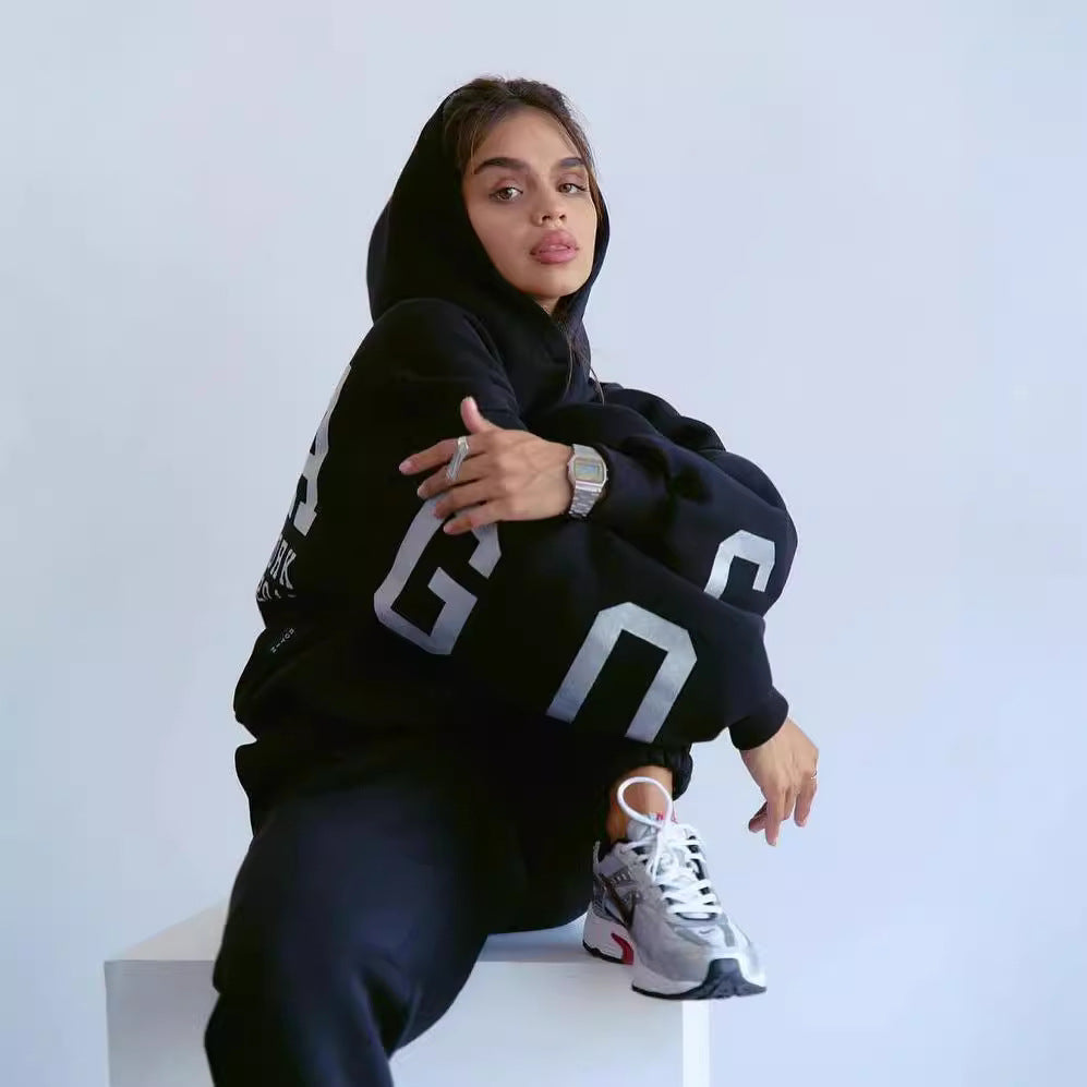 Damen Oversized Freizeitanzug mit Kapuze und elastischen Bündchen Drune