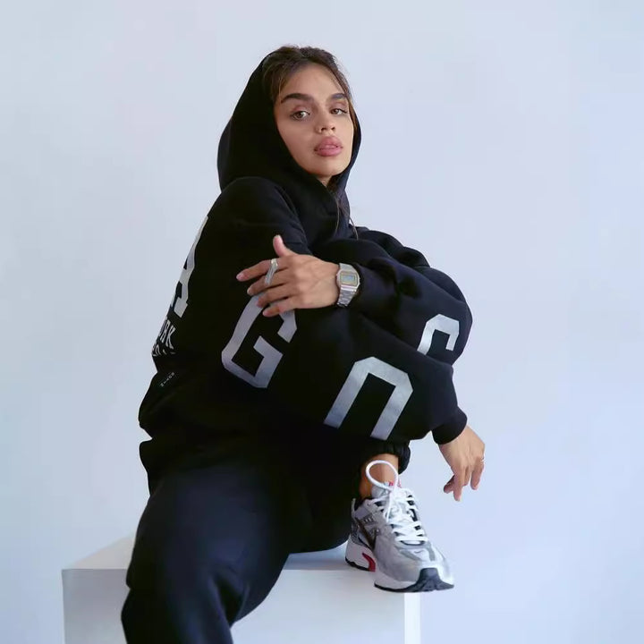 Damen Oversized Freizeitanzug mit Kapuze und elastischen Bündchen Drune