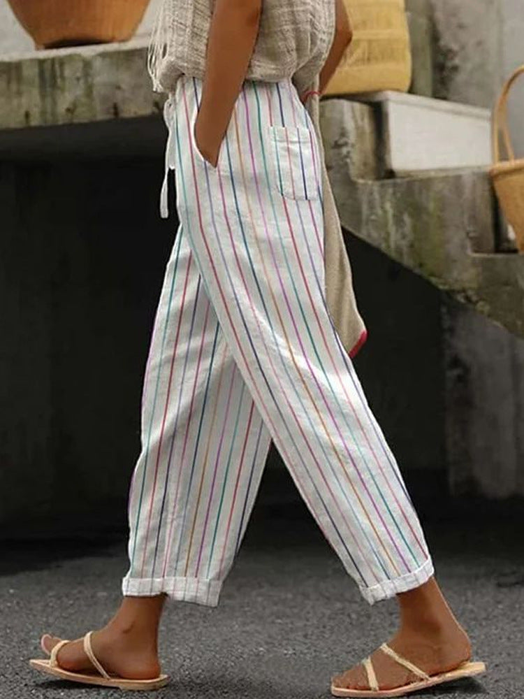Damen Weite Leinenhose mit Streifenmuster Drune