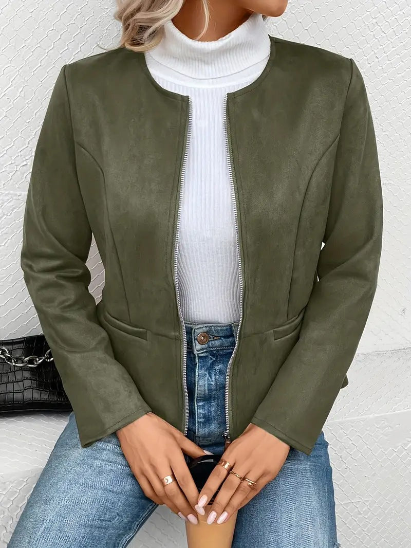 Damen modische Kunstlederjacke mit femininer Passform und Reißverschluss Drune