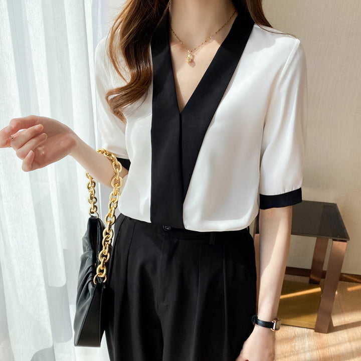 Damen Bluse mit modernem V-Ausschnitt und eleganter Farbkontrast Drune