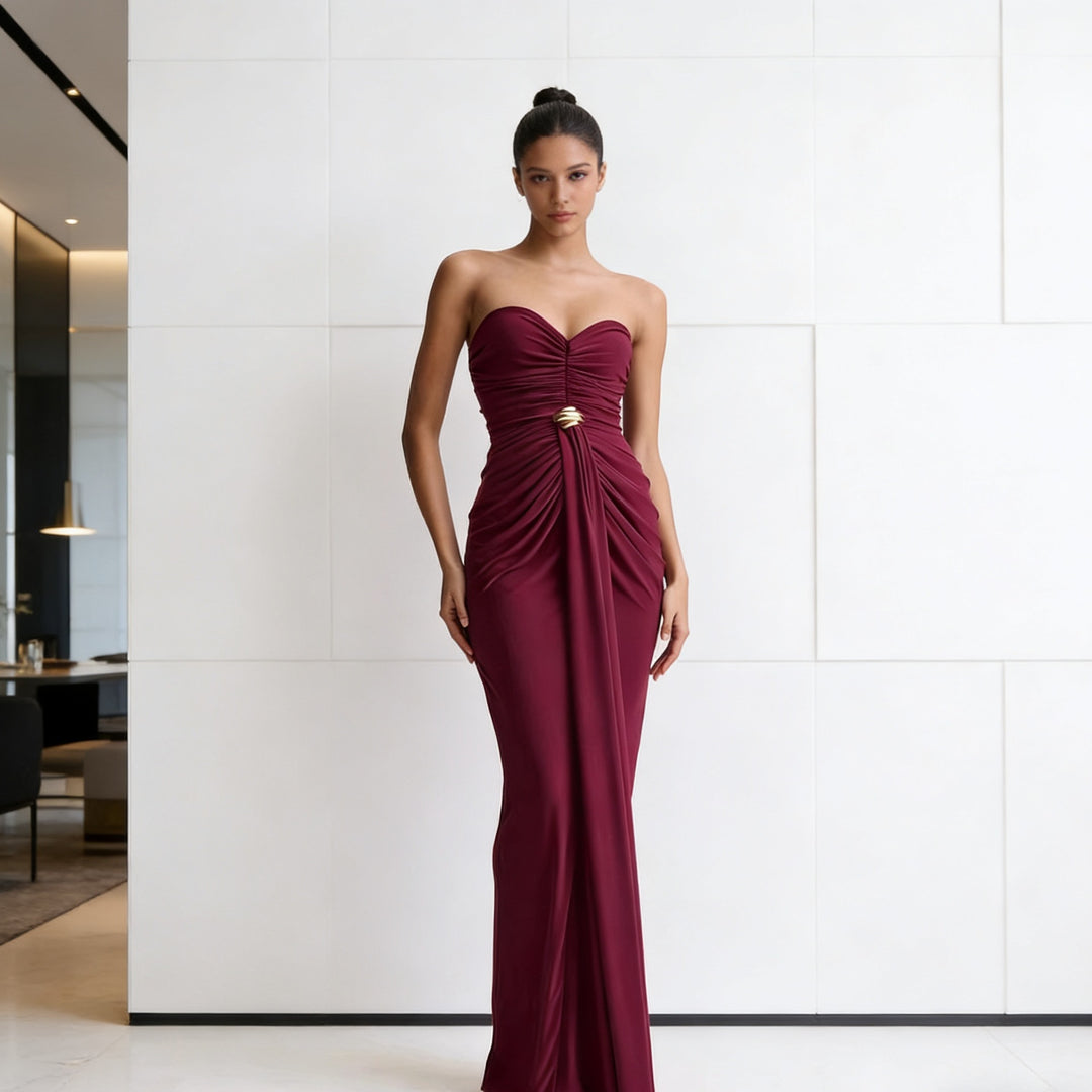 Damen Elegantes Drapeekleid mit schulterfreiem Design und kunstvollem Bund Drune