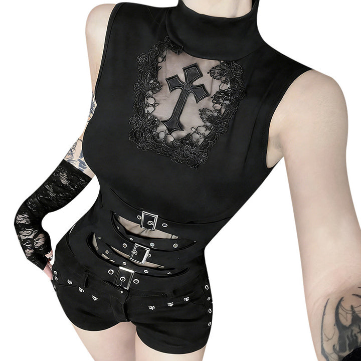 Damen Gothic Body mit dekorativem Spitzen- und Kreuzdesign und tailliertem Schnitt Drune