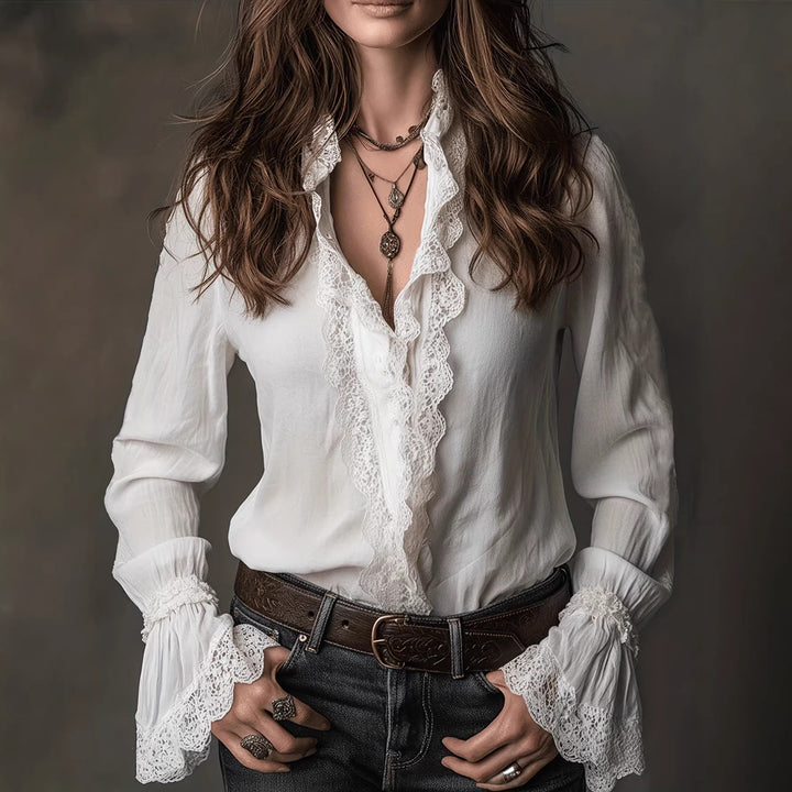 Damen elegante Bluse mit Rüschendetails und Spitzenbesatz Drune