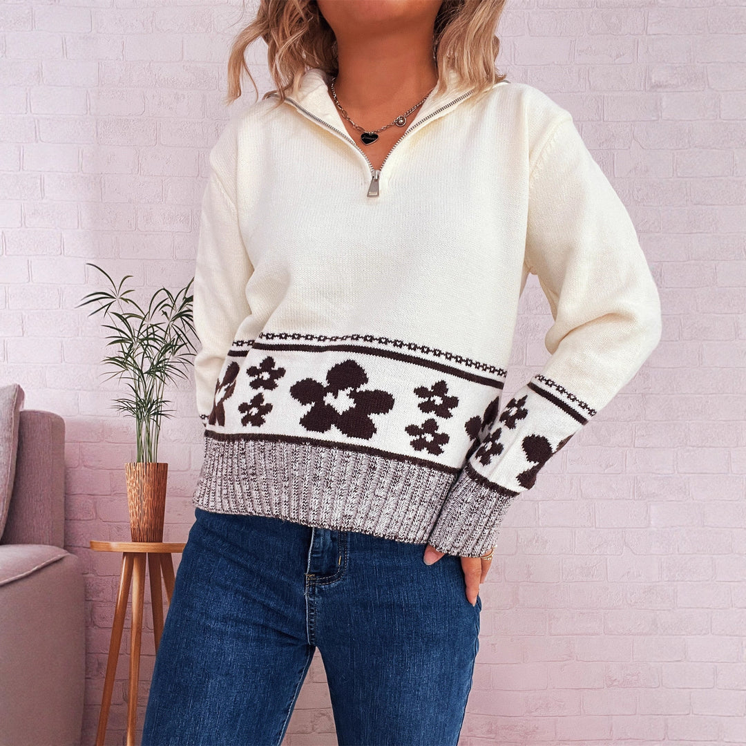 Damen Grobstrickpullover mit floralen Mustern und praktischen Halbarm Drune