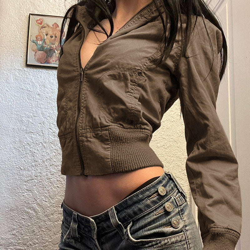 Damen modische cropped Jacke mit Stehkragen und Reißverschluss Drune