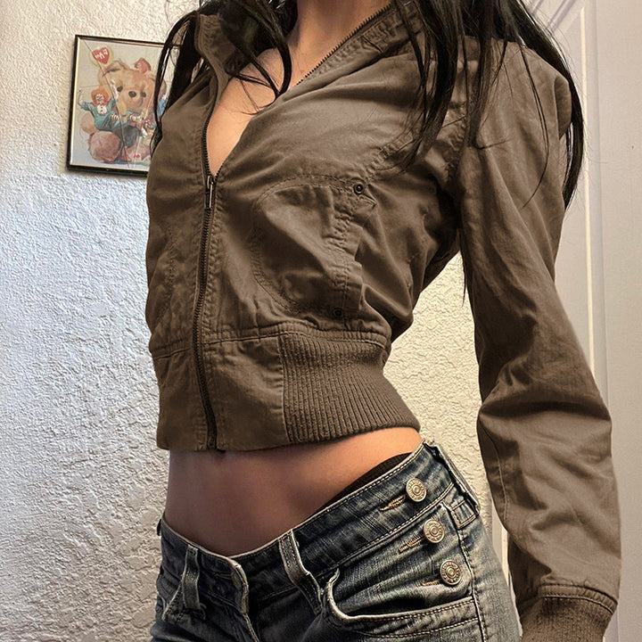 Damen modische cropped Jacke mit Stehkragen und Reißverschluss Drune