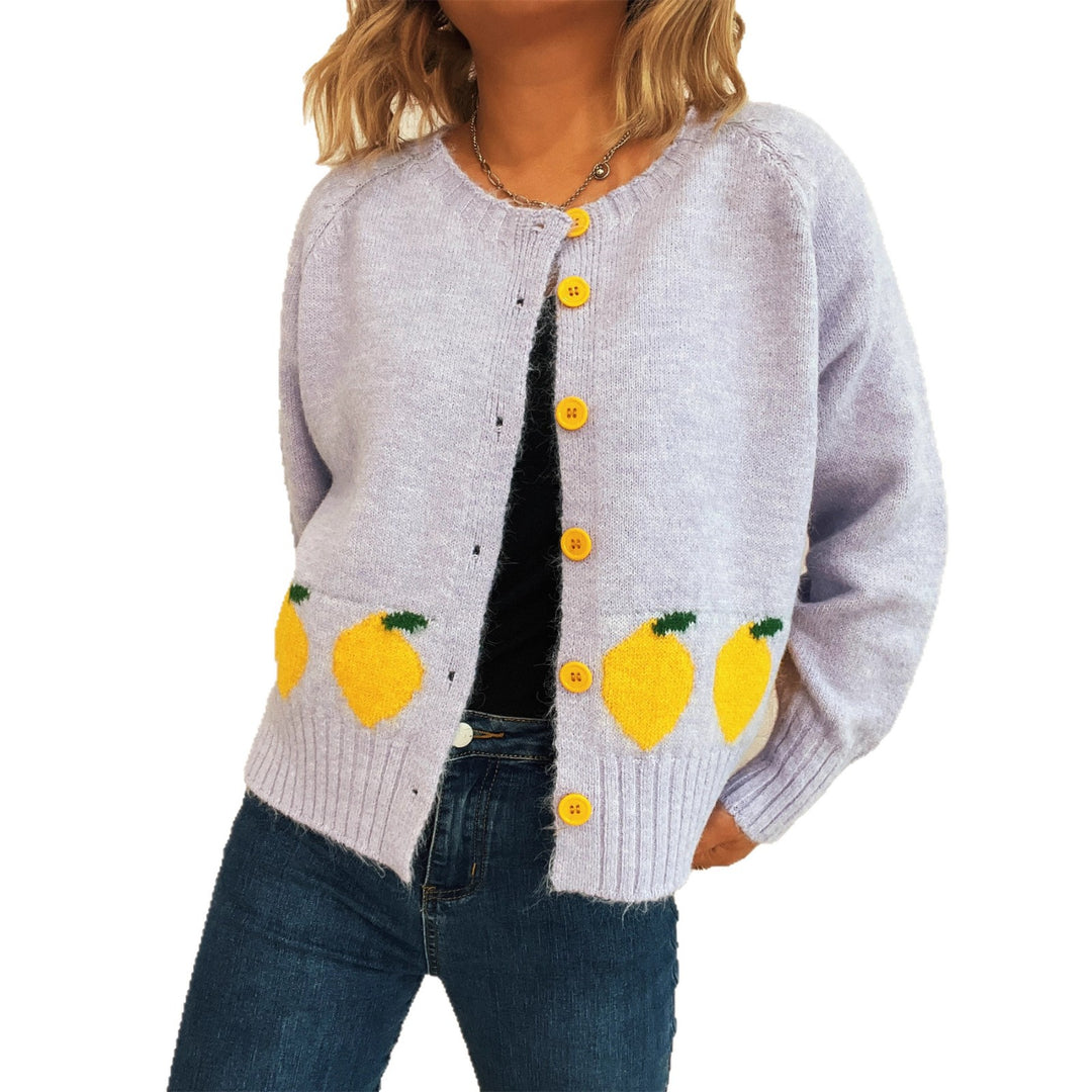 Damen kuschelige Strickjacke mit Zitronen-Motiv und bunten Knöpfen Drune