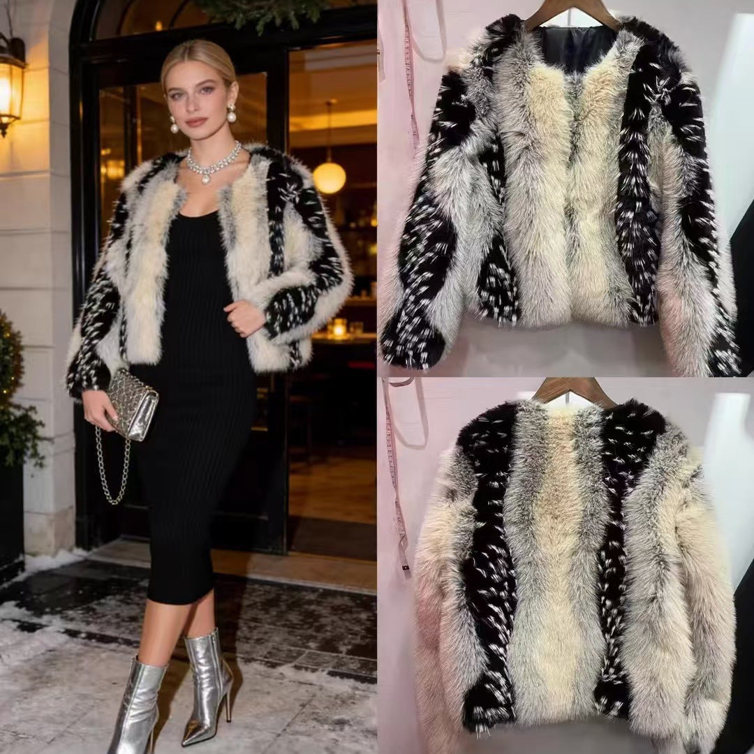 Damen nan kurze Kunstpelzjacke mit kontrastierenden Längsbesätzen und Rundhalsausschnitt Drune