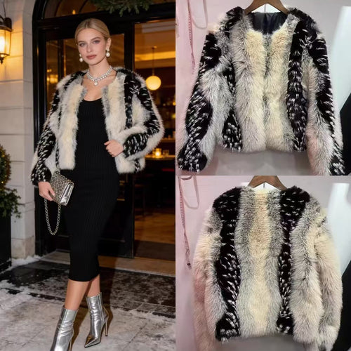 Damen nan kurze Kunstpelzjacke mit kontrastierenden Längsbesätzen und Rundhalsausschnitt Drune