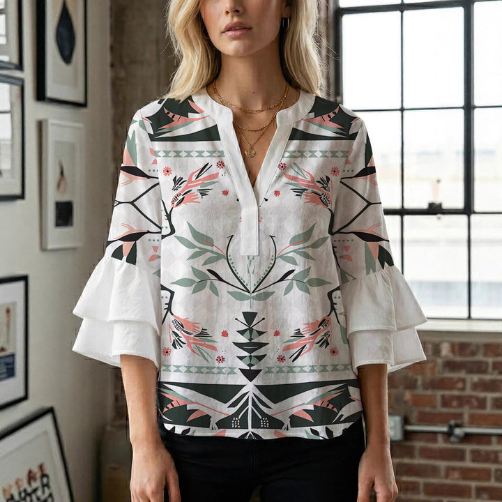 Damen lässige Bluse mit Volantärmeln und botanischem Druck Drune