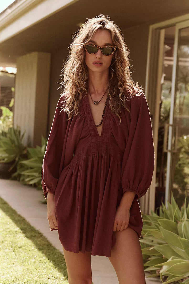 Damen Sommerliches Minikleid mit Puffärmeln und V-Ausschnitt Drune