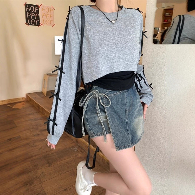 Damen lässiges Cropped-Sweatshirt mit seitlichen Schnürungen Drune