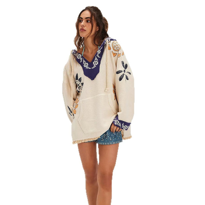 Damen Kapuzenponcho mit bunten Stickereien und fransigen Abschlüssen Drune