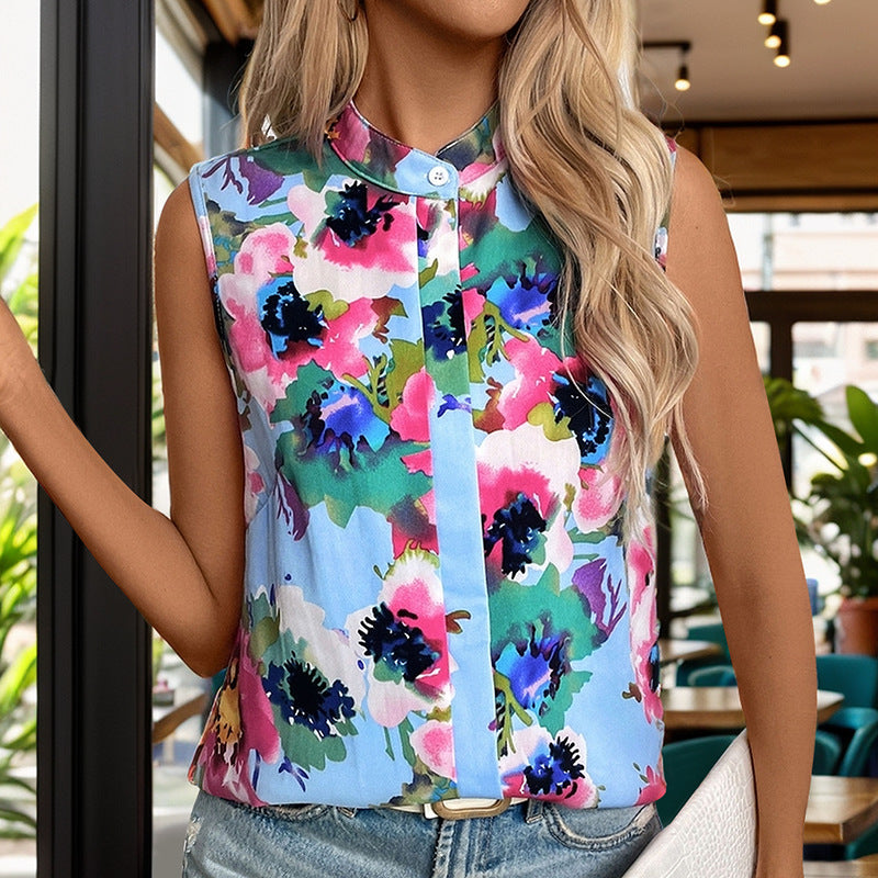 Damen ärmelloses Blus mit floralem Design und modischem Stehkragen Drune