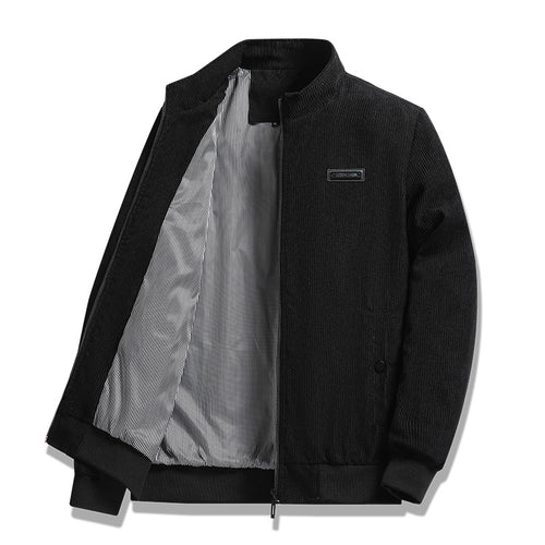 Herren nan feiner Cordblouson mit Stehkragen, gestreiftem Innenfutter und verdeckten Druckknopftaschen Drune