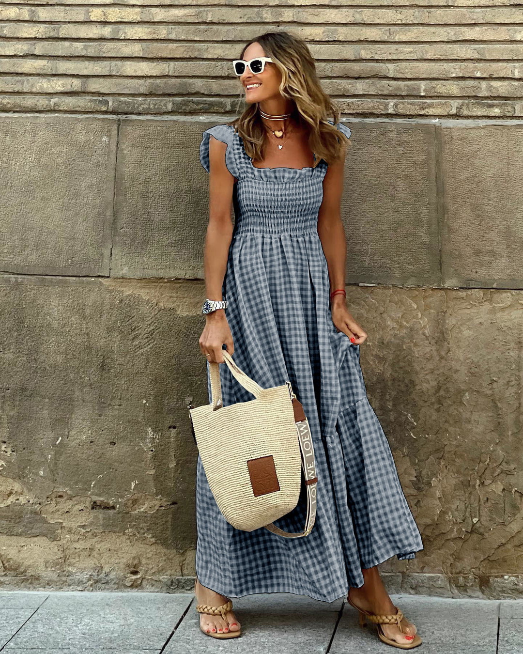 Damen Langes Gingham-Maxi-Kleid mit Rüschen Drune
