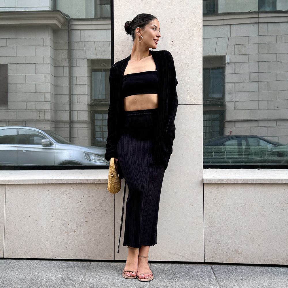 Damen Elegantes Strickensemble mit Überschlagjacke und langem Rock Drune