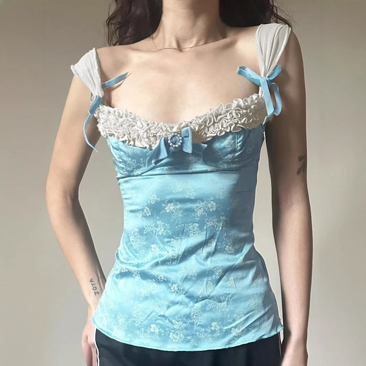 Damen Spaghetti-Trägertop mit floralen Akzenten und Rüschendetails Drune