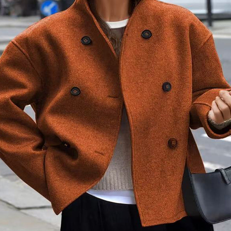 Damen modische Wolljacke mit doppelter Knopfleiste und hohen Kragen Drune