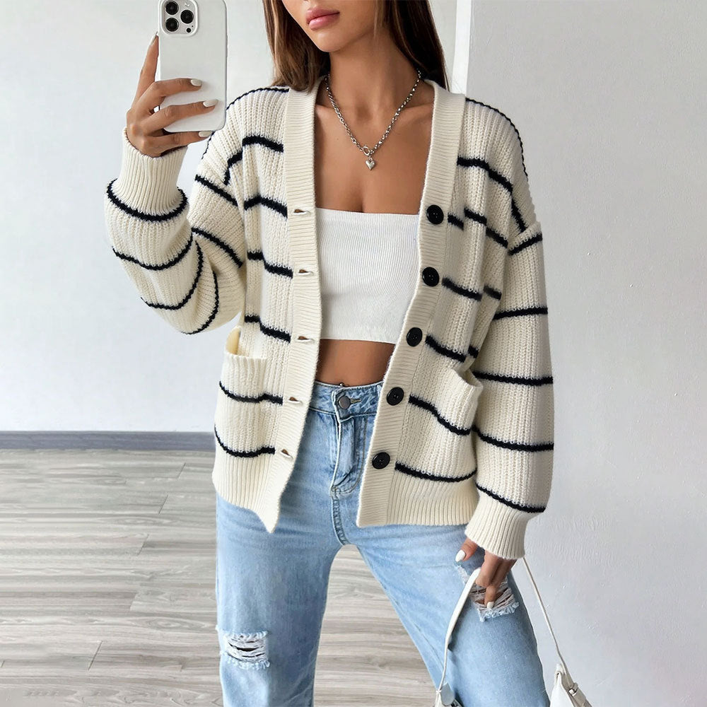 Damen Strickjacke mit modischem Streifenmuster und praktischen Taschen Drune