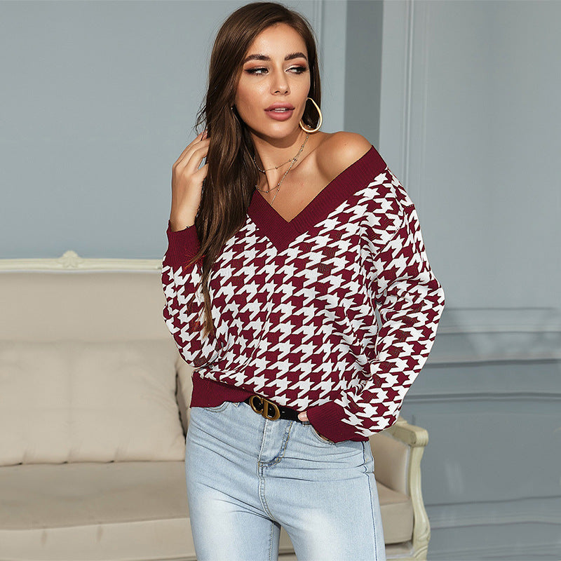 Damen lässiger Pullover mit V-Ausschnitt und modernem Hahnentrittmuster Drune