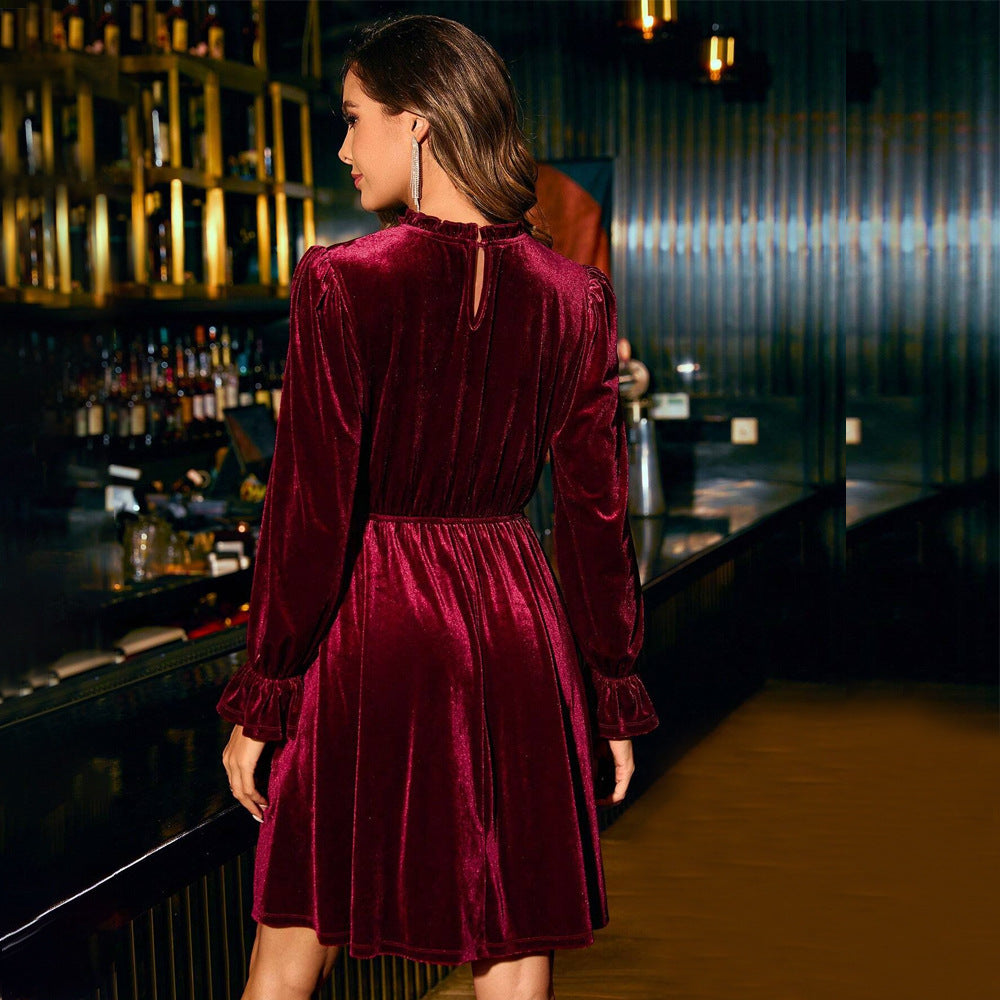 Damen Samtliches Abendkleid mit langen Puffärmeln und elastischem Bund Drune