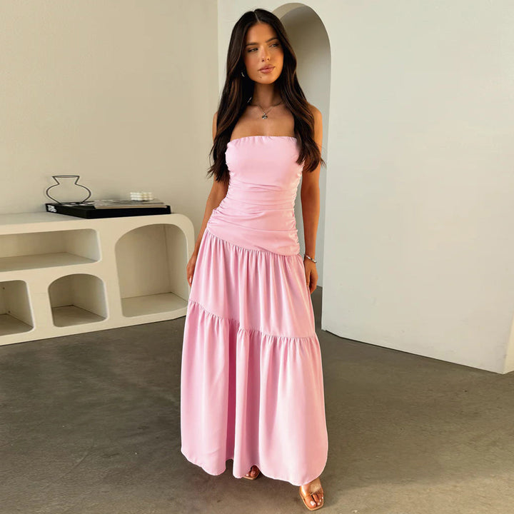 Damen romantisches Wickelkleid mit voluminösem Rock und gerafftem Oberteil Drune