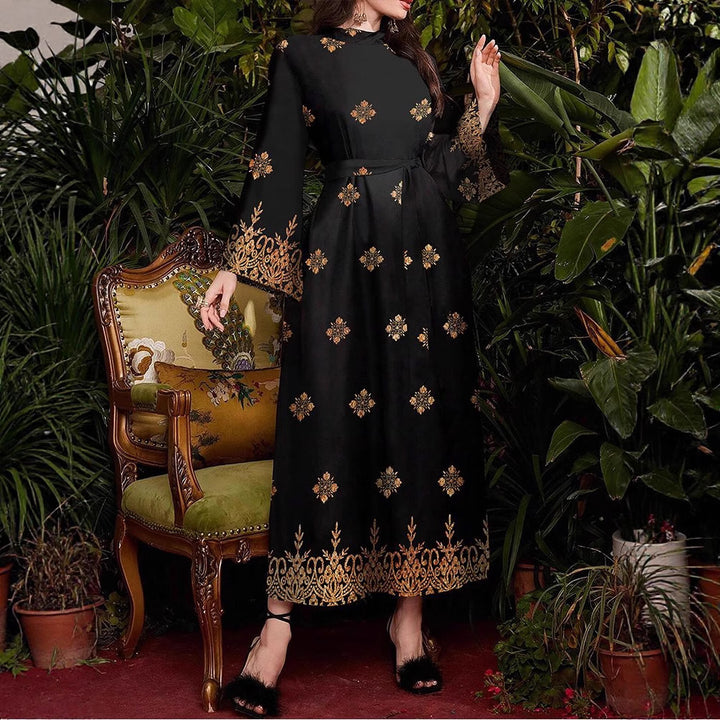 Damen festliches Abendkleid mit elegantem Gold- und Blumenmuster Drune