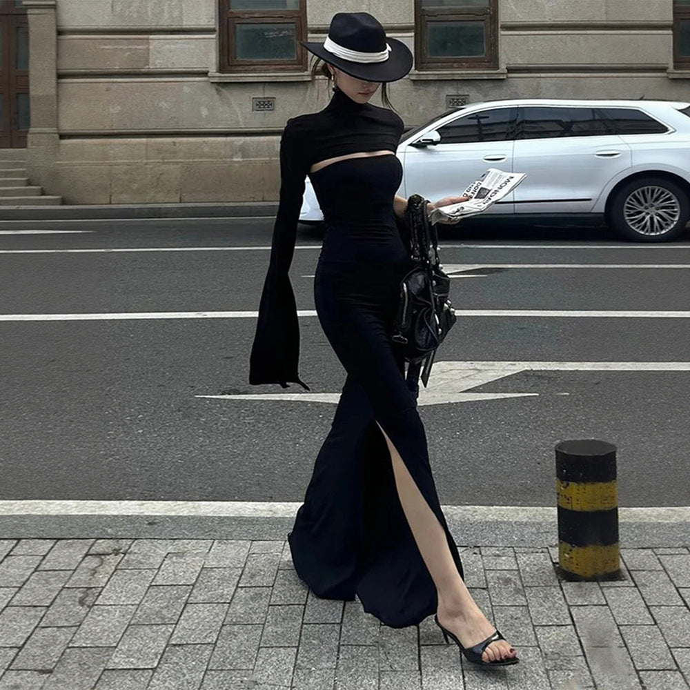 Damen Maxikleid mit asymmetrischem Cut-Out und eleganten Puffärmeln Drune