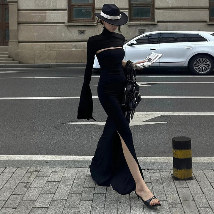 Damen Maxikleid mit asymmetrischem Cut-Out und eleganten Puffärmeln Drune