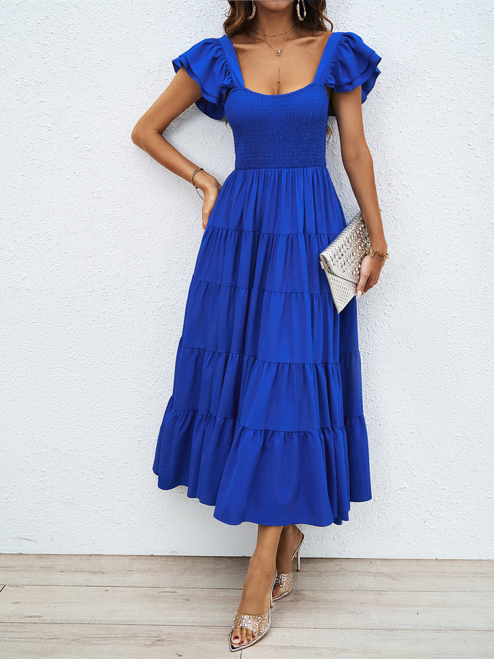 Damen Maxi-Kleid mit voluminösen Puffärmeln und gerafftem Oberteil Drune